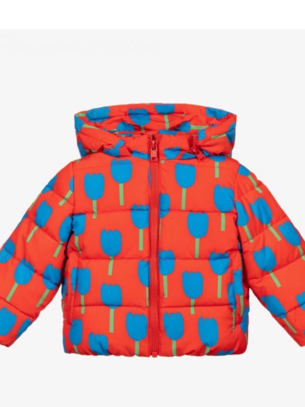 Stella McCartney Kids Red Puffer Jacket with Blue Tulip Print